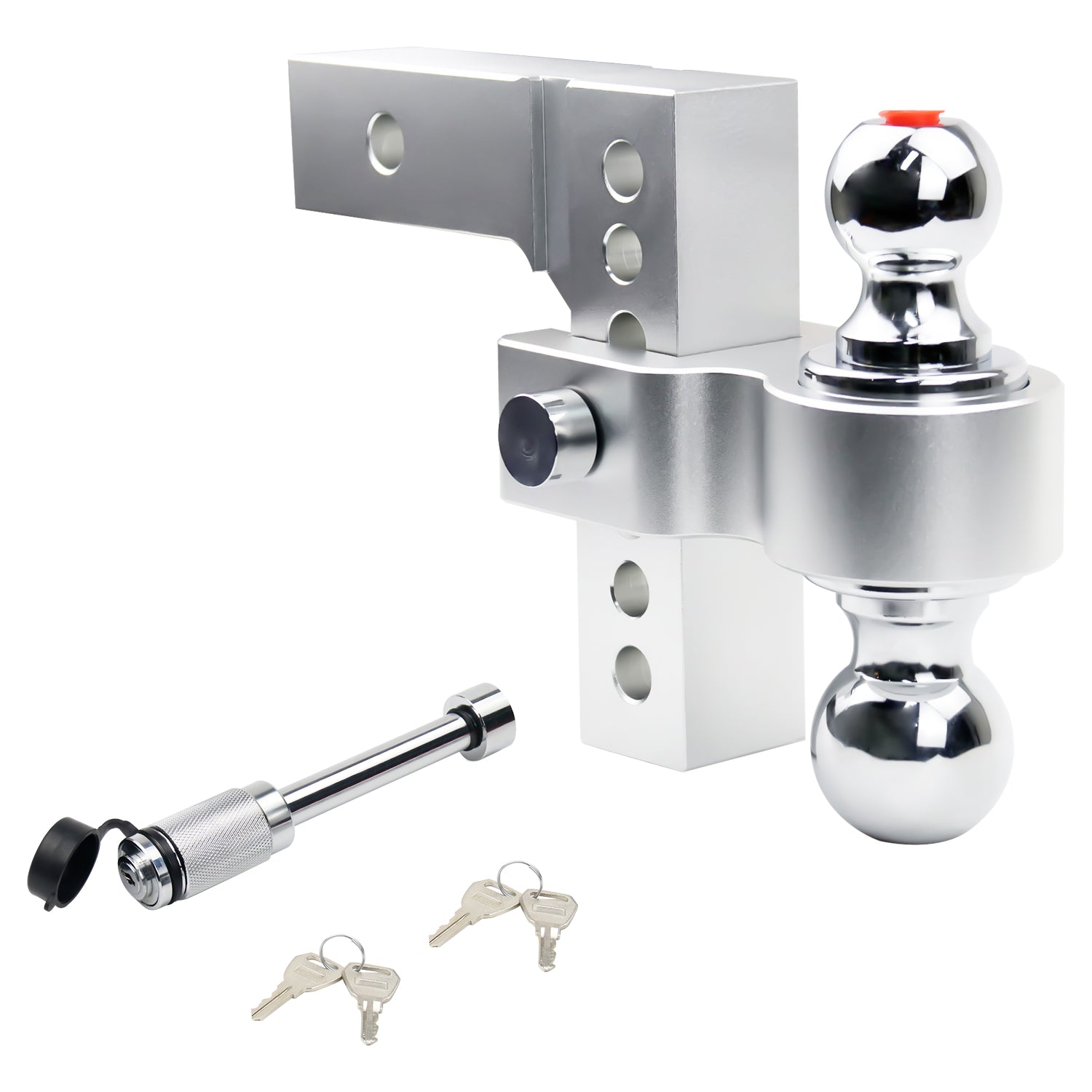 New 6" Height Adjustable Drop/Raise Aluminum Alloy Silver Trailer Hitch Dual Ball Mounts Fit 2" Receiver w/ 2" & 2-5/16" Chrome Plated Steel Balls & Anti-Theft Pin Lock, For Truck, Pickup, SUV, RV