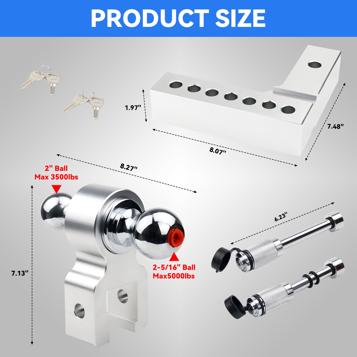 New 6" Height Adjustable Drop/Raise Aluminum Alloy Silver Trailer Hitch Dual Ball Mounts Fit 2" Receiver w/ 2" & 2-5/16" Chrome Plated Steel Balls & Anti-Theft Pin Lock, For Truck, Pickup, SUV, RV