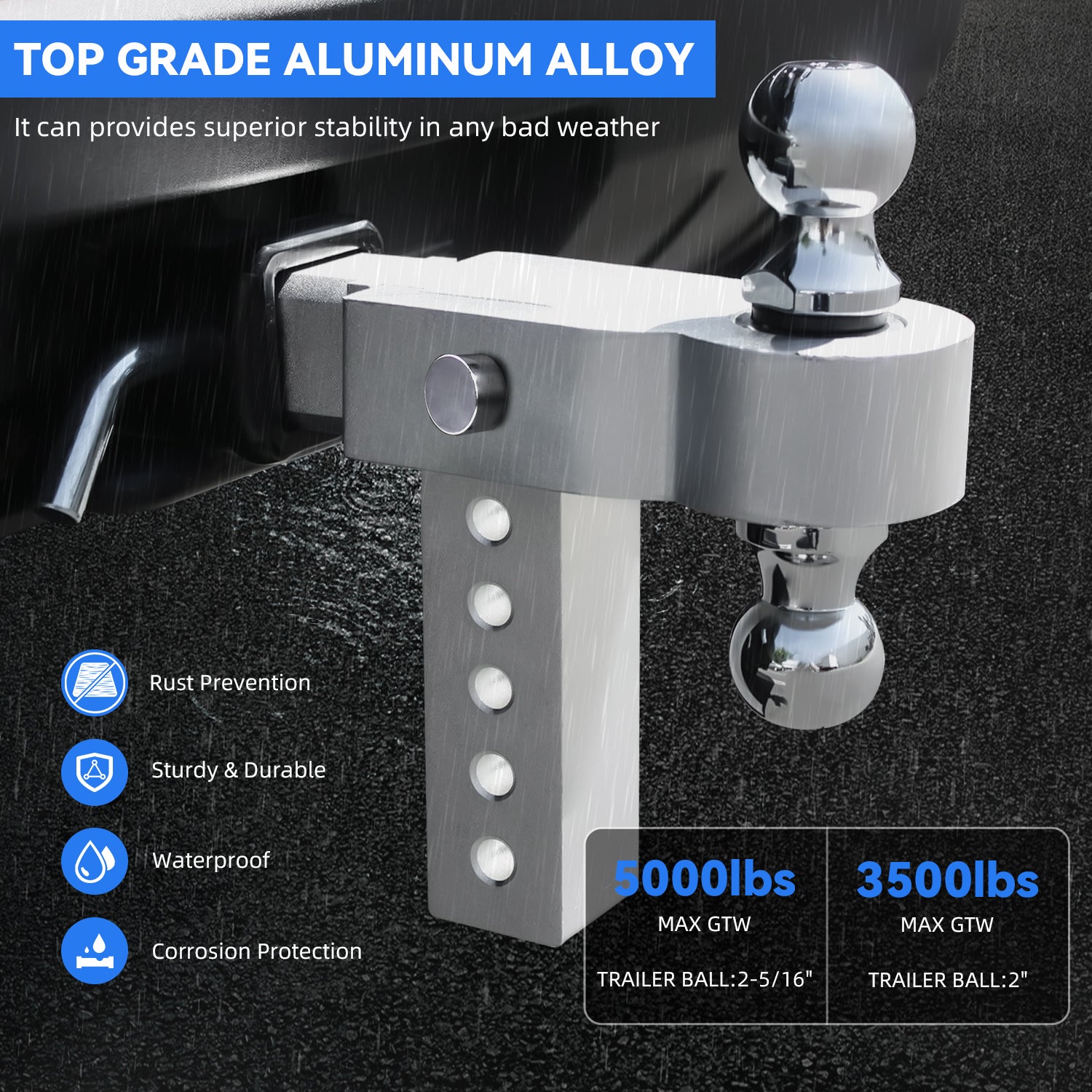 New 6" Height Adjustable Drop/Raise Aluminum Alloy Silver Trailer Hitch Dual Ball Mounts Fit 2" Receiver w/ 2" & 2-5/16" Chrome Plated Steel Balls & Anti-Theft Pin Lock, For Truck, Pickup, SUV, RV
