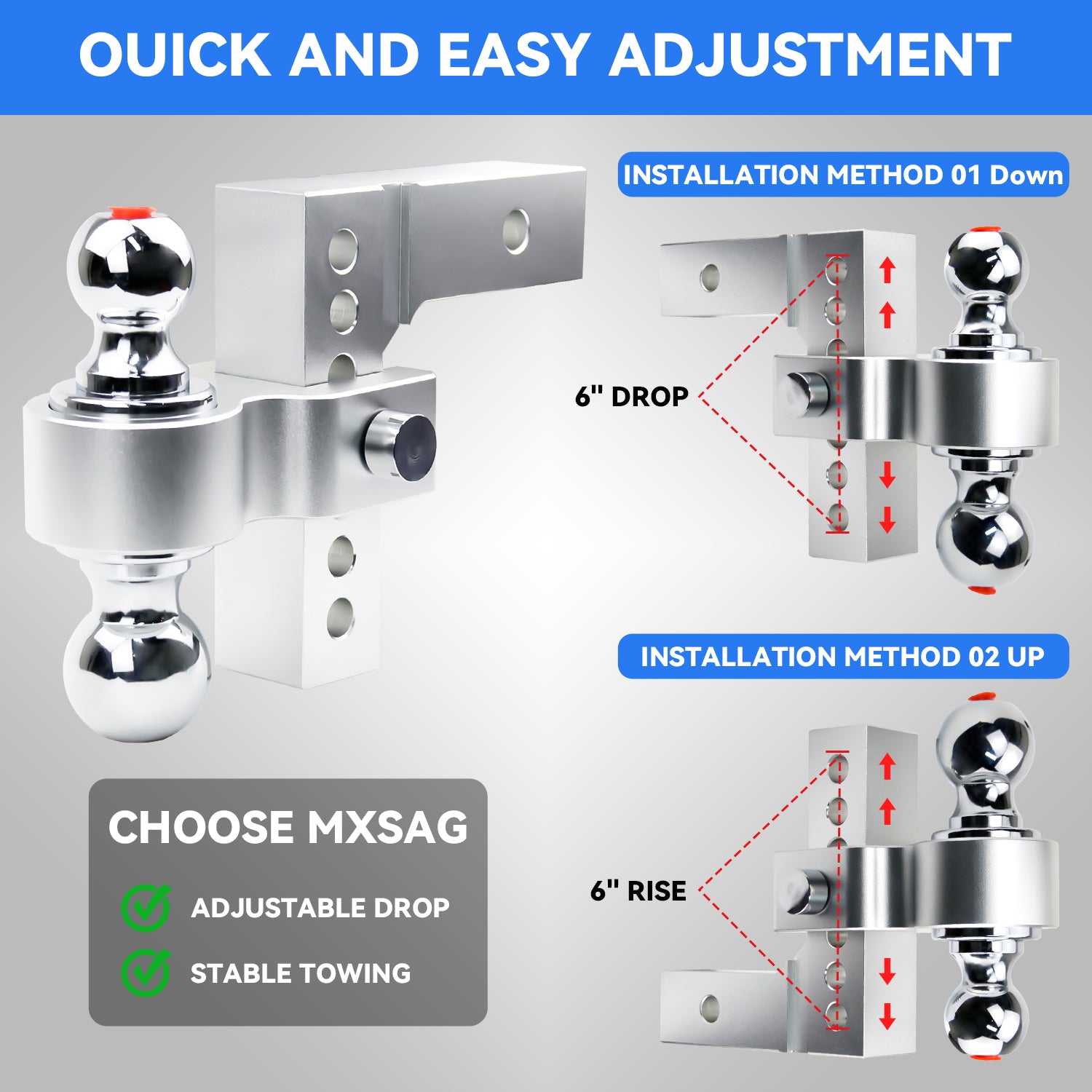 New 6" Height Adjustable Drop/Raise Aluminum Alloy Silver Trailer Hitch Dual Ball Mounts Fit 2" Receiver w/ 2" & 2-5/16" Chrome Plated Steel Balls & Anti-Theft Pin Lock, For Truck, Pickup, SUV, RV