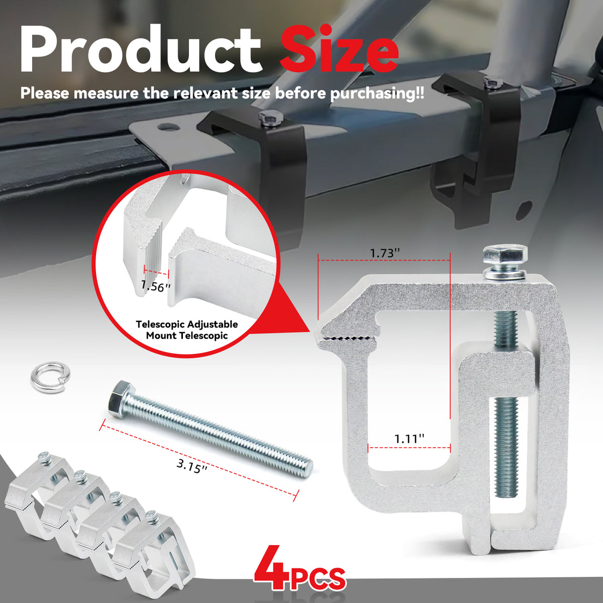 4Pcs Heavy Duty Aluminum Alloy Silver Truck Bed Cap Mounting Clamps