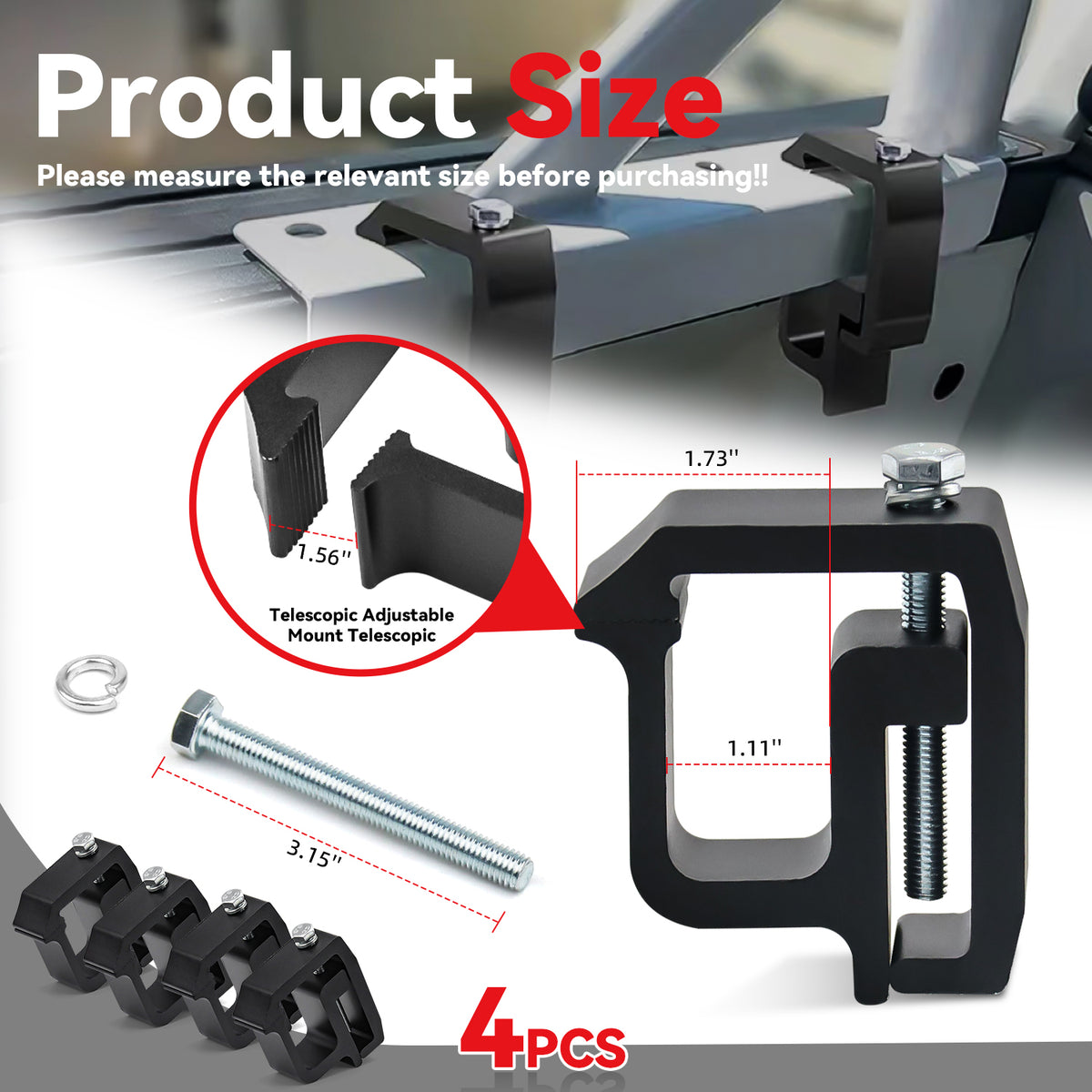 4Pcs Heavy Duty Aluminum Alloy Black Truck Bed Cap Mounting Clamps