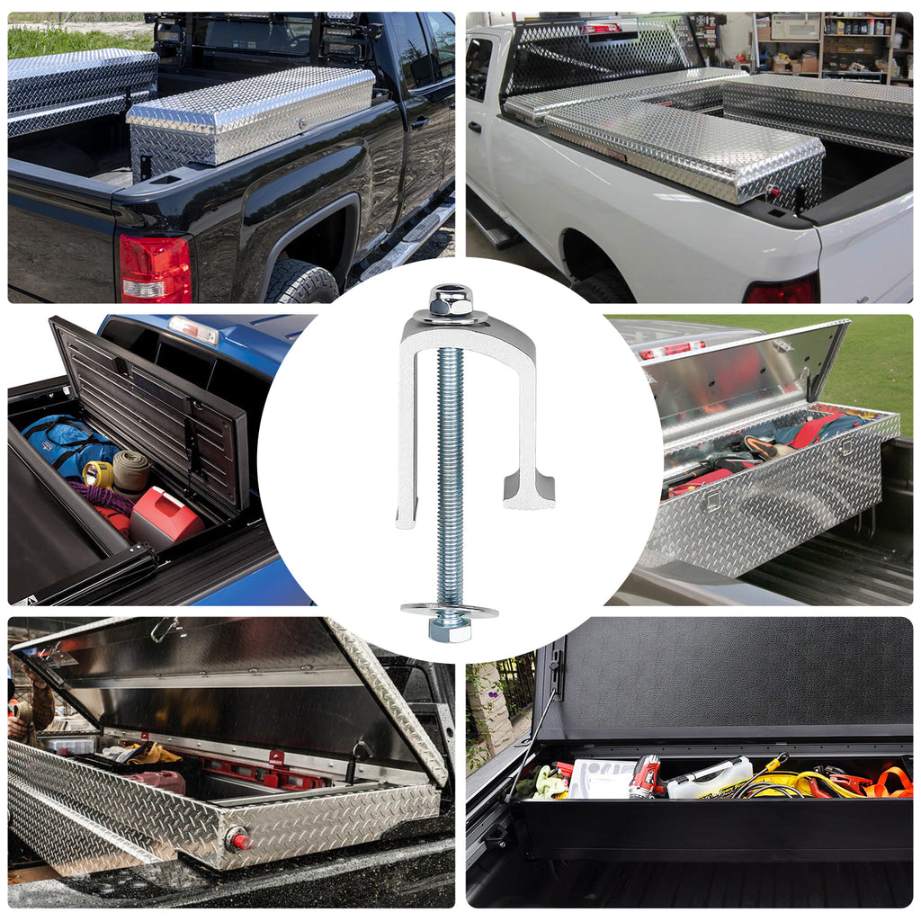New Pack of 2 Heavy Duty Aluminum Alloy Truck Bed Tool Box Clamps With Bolts, Nuts, Washers, No-Drill Easy Mount Universal Tie Down Clips Toolbox Mounting Kit for Pickup Camper, Silver Surface