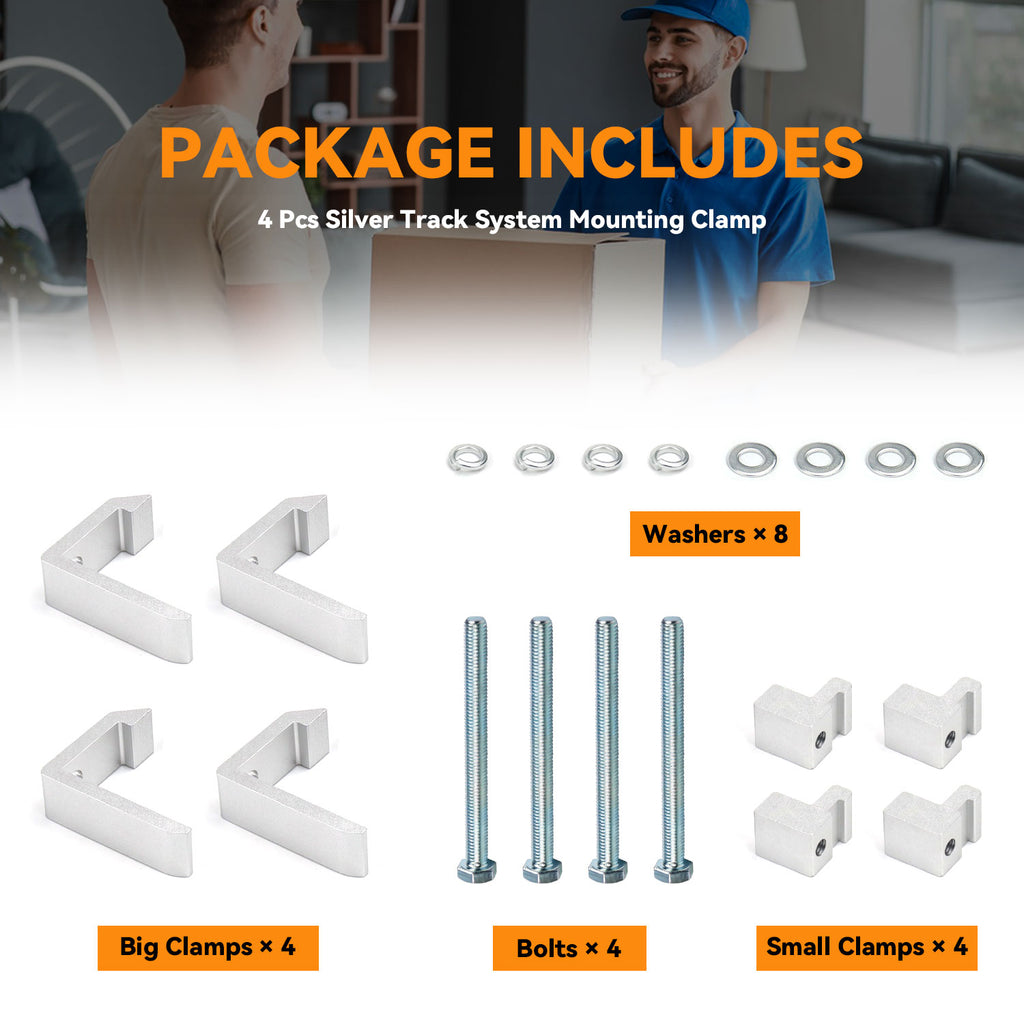 New Pack of 4 Heavy Duty Aluminum Alloy Truck Cap Topper Camper Shell Mounting Clamps Compatible With 05+ Tacoma 07+ Tundra w/Cargo Rails, No Drill Utility Track System Clips, Silver Surface