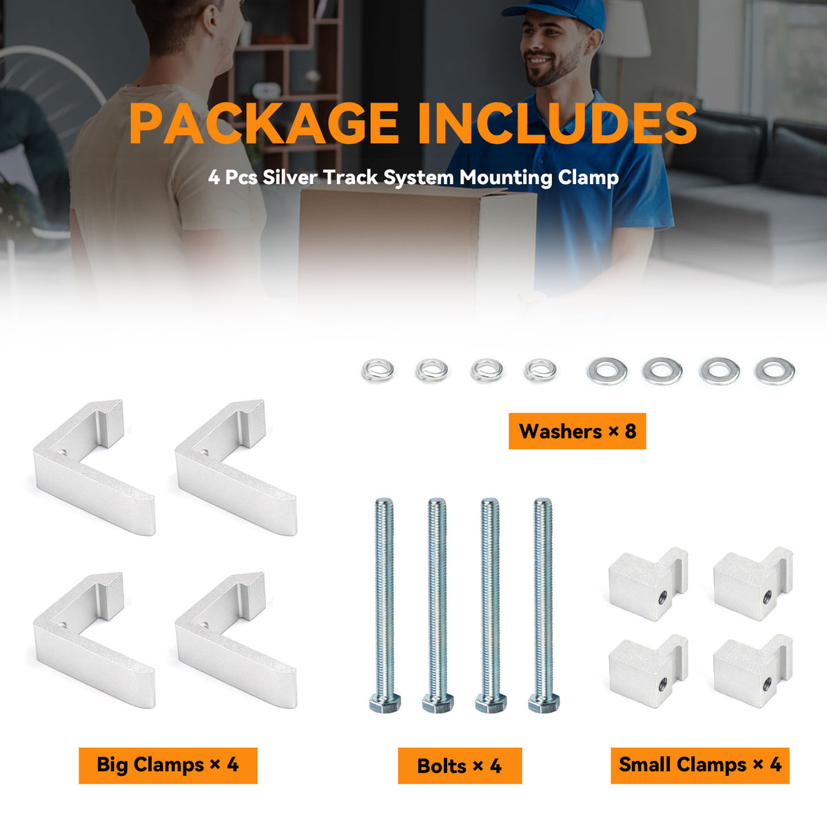 New Pack of 4 Heavy Duty Aluminum Alloy Truck Cap Topper Camper Shell Mounting Clamps Compatible With 05+ Tacoma 07+ Tundra w/Cargo Rails, No Drill Utility Track System Clips, Silver Surface